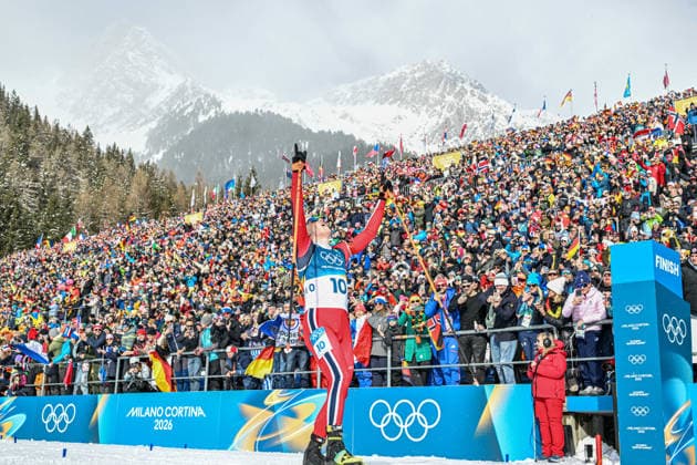 (260220) -- ANTERSELVA, Feb. 20, 2026 -- Sturla Holm Laegreid of Norway celebrates after crossing the finish line during the biathlon men s 15km mass start event at the 2026 Milan-Cortina Winter Olympics in Anterselva, Italy, Feb. 20, 2026. ) (MICO2026)ITALY-ANTERSELVA-OLYMPIC Winter games, Winterspiele,Spiele, Summer games BIATHLON-MEN S 15KM MASS START JiangxHan 