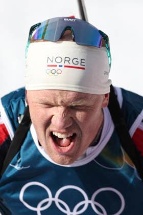 (260220) -- ANTERSELVA, Feb. 20, 2026 -- Johannes Dale-Skjevdal of Norway celebrates after the biathlon men s 15km mass start event at the 2026 Milan-Cortina Winter Olympics in Anterselva, Italy, Feb. 20, 2026. ) (MICO2026)ITALY-ANTERSELVA-OLYMPIC Winter games, Winterspiele,Spiele, Summer games BIATHLON-MEN S 15KM MASS START ZhangxTao 