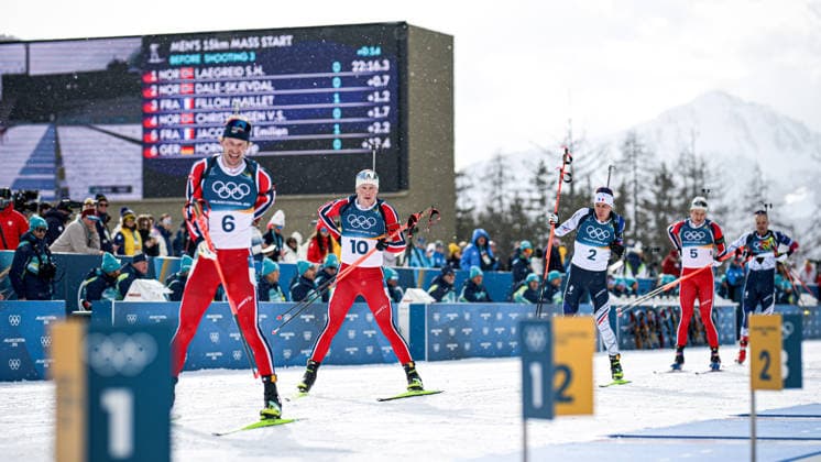 (260220) -- ANTERSELVA, Feb. 20, 2026 -- Johannes Dale-Skjevdal (2nd L) of Norway competes during the biathlon men s 15km mass start event at the 2026 Milan-Cortina Winter Olympics in Anterselva, Italy, Feb. 20, 2026. ) (MICO2026)ITALY-ANTERSELVA-OLYMPIC Winter games, Winterspiele,Spiele, Summer games BIATHLON-MEN S 15KM MASS START JiangxHan 