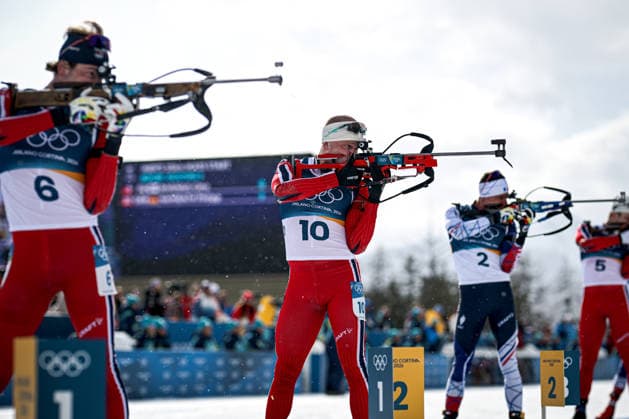 (260220) -- ANTERSELVA, Feb. 20, 2026 -- Johannes Dale-Skjevdal (2nd L) of Norway competes during the biathlon men s 15km mass start event at the 2026 Milan-Cortina Winter Olympics in Anterselva, Italy, Feb. 20, 2026. ) (MICO2026)ITALY-ANTERSELVA-OLYMPIC Winter games, Winterspiele,Spiele, Summer games BIATHLON-MEN S 15KM MASS START JiangxHan 