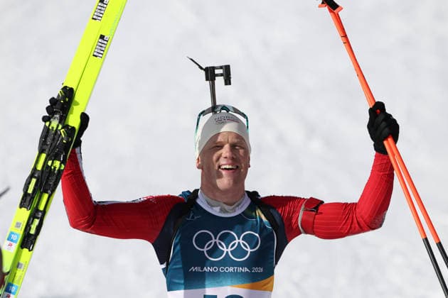 (260220) -- ANTERSELVA, Feb. 20, 2026 -- Johannes Dale-Skjevdal of Norway celebrates after the biathlon men s 15km mass start event at the 2026 Milan-Cortina Winter Olympics in Anterselva, Italy, Feb. 20, 2026. ) (MICO2026)ITALY-ANTERSELVA-OLYMPIC Winter games, Winterspiele,Spiele, Summer games BIATHLON-MEN S 15KM MASS START ZhangxTao 