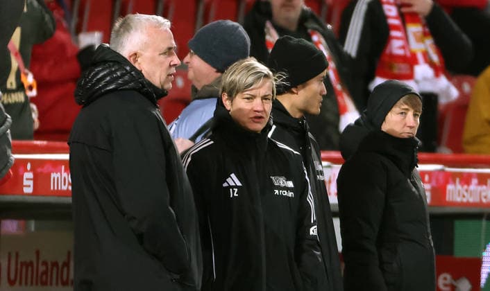President Dirk Zingler, Sporting Director Jennifer Zietz, Coach Ailien Poese Sport Football Soccer Bundesliga Women Season 2025 2026 20 02 2026 1 FC Union Berlin vs 1 FC Köln DFL regulations prohibit any use of photographs as image sequences and or quasi video