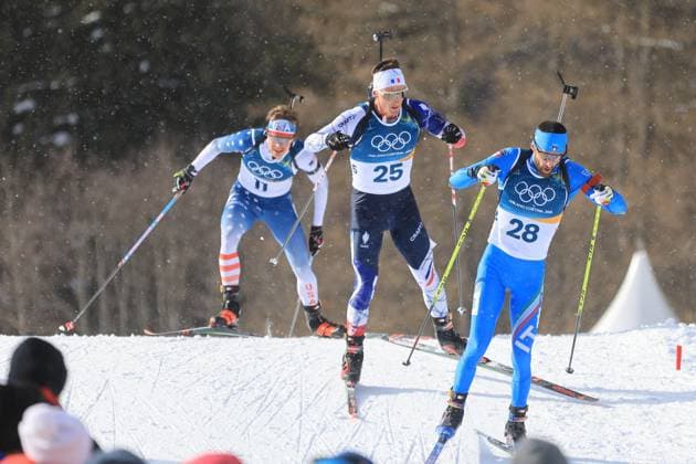 Jeux Olympiques d hiver Milan Cortina PHOTOPQR LE COURRIER PICARD Haslin ; Anterselva ; 20 02 2026 ; 20 02 26 Jeux Olympiques d hiver Milan Cortina - Winter Olympics games Milano Cortina Biathlon mass start hommes Nicola Romanin (Ita) - Fabien Claude (Fra) et Campbell Wright (Usa) Photo Fred Haslin *** Local Caption *** Anterselva Sud Tyrol France  Copyright: xPHOTOPQR LExCOURRIERxPICARD MAXPxHaslinx 20260220LCP4436 20260220LCP4436