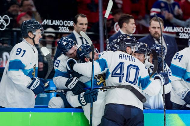 OLYMPICS - Winter Olympic Games, Olympische Spiele, Olympia, OS Milano Cortina 2026 MILAN,ITALY,20.FEB.26 - OLYMPICS, Ice hockey, Eishockey - Winter Olympic Games Milano Cortina 2026, semifinal, Canada vs Finland, men. Image shows the rejoicing of Finland.  GEPAxpictures xMatthiasxTrinkl