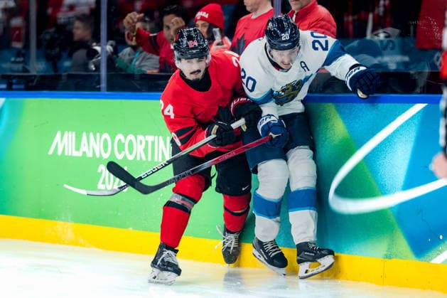 OLYMPICS - Winter Olympic Games, Olympische Spiele, Olympia, OS Milano Cortina 2026 MILAN,ITALY,20.FEB.26 - OLYMPICS, Ice hockey, Eishockey - Winter Olympic Games Milano Cortina 2026, semifinal, Canada vs Finland, men. Image shows Seth Jarvis (CAN) and Sebastian Aho (FIN).  GEPAxpictures xMatthiasxTrinkl