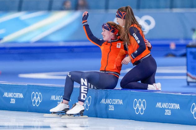 2026-02-20 - Milano Cortina 2026 Winter Olympics 1500m Women MILAN, ITALY - FEBRUARY 20: Antoinette Rijpma-De Jong of Netherlands, Femke Kok of Netherlands during the 1500m Women on day 16 of the Milano Cortina 2026 Winter Olympics at the Milano Speed skating, Eisschnelllauf Arena on February 20, 2026 in Milan, Italy Milan Milano Speed Skating Arena Italy Content not available for redistribution in The Netherlands directly or indirectly through any third parties. Copyright: xAndrexWeeningx