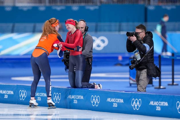 2026-02-20 - Milano Cortina 2026 Winter Olympics 1500m Women MILAN, ITALY - FEBRUARY 20: Antoinette Rijpma-De Jong of Netherlands, Ragne Wiklund of Norway during the 1500m Women on day 16 of the Milano Cortina 2026 Winter Olympics at the Milano Speed skating, Eisschnelllauf Arena on February 20, 2026 in Milan, Italy Milan Milano Speed Skating Arena Italy Content not available for redistribution in The Netherlands directly or indirectly through any third parties. Copyright: xAndrexWeeningx