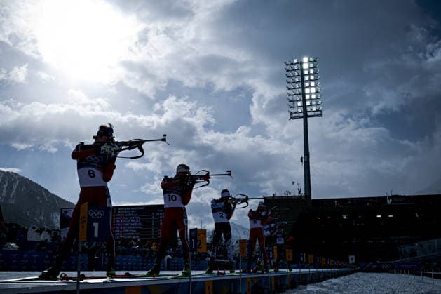 (260220) -- ANTERSELVA, Feb. 20, 2026 -- Athletes compete during the biathlon men s 15km mass start event at the 2026 Milan-Cortina Winter Olympics in Anterselva, Italy, Feb. 20, 2026. ) (MICO2026)ITALY-ANTERSELVA-OLYMPIC Winter games, Winterspiele,Spiele, Summer games BIATHLON-MEN S 15KM MASS START JiangxHan 