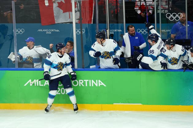 February 20, 2026, Milan, Lombardy, Italy: ERIK HAULA 56 of Finland celebrates scoring his side s second goal shorthanded in the Semifinal game between Team Canada (CAN) and Team Finland (FIN) at the Milano Cortina 2026 Olympic Games, Olympische Spiele, Olympia, OS Olympics 2026: Milano Cortina: Ice hockey, Eishockey Men: CAN:FIN  - ZUMAc179 20260220_oly_c179_025 Copyright: xMickaelxChavetx