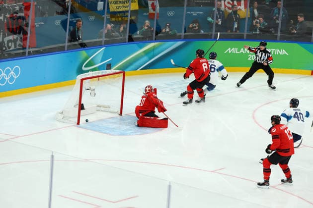 February 20, 2026, Milan, Lombardy, Italy: ERIK HAULA 56 of Finland scores his side s second goal shorthanded in the Semifinal game between Team Canada (CAN) and Team Finland (FIN) at the Milano Cortina 2026 Olympic Games, Olympische Spiele, Olympia, OS Olympics 2026: Milano Cortina: Ice hockey, Eishockey Men: CAN:FIN  - ZUMAc179 20260220_oly_c179_028 Copyright: xMickaelxChavetx
