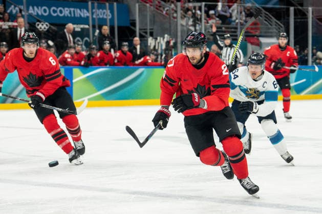 Ice hockey, Eishockey - Milano Cortina 2026 Winter Olympics: Day 14 Travis Sanheim, Shea Theodore, Mikael Granlund during Milano Cortina 2026 Winter Olympics Semi-final Men s Hockey Canada vs Finland match at Milano Santagiulia Ice Hockey Arena in Milan on February 20, 2026 Milan Italy  Copyright: xFotoxOlimpikx originalFilename:jastrzebowski-icehocke260220_np11c.jpg