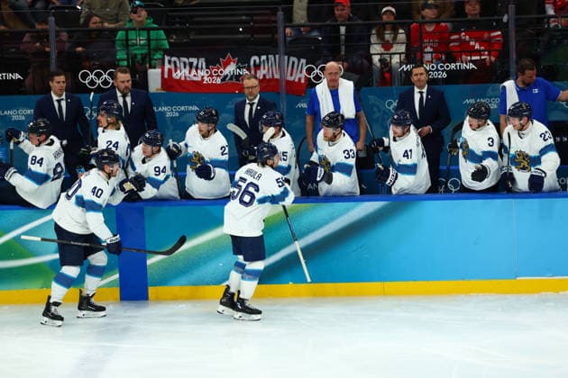 February 20, 2026, Milan, Lombardy, Italy: ERIK HAULA 56 of Finland celebrates scoring his side s second goal shorthanded in the Semifinal game between Team Canada (CAN) and Team Finland (FIN) at the Milano Cortina 2026 Olympic Games, Olympische Spiele, Olympia, OS Olympics 2026: Milano Cortina: Ice hockey, Eishockey Men: CAN:FIN  - ZUMAc179 20260220_oly_c179_032 Copyright: xMickaelxChavetx