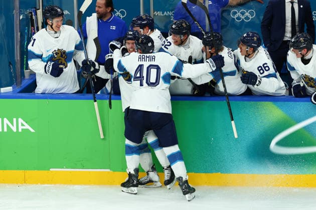 February 20, 2026, Milan, Lombardy, Italy: ERIK HAULA 56 of Finland celebrates scoring his side s second goal shorthanded in the Semifinal game between Team Canada (CAN) and Team Finland (FIN) at the Milano Cortina 2026 Olympic Games, Olympische Spiele, Olympia, OS Olympics 2026: Milano Cortina: Ice hockey, Eishockey Men: CAN:FIN  - ZUMAc179 20260220_oly_c179_037 Copyright: xMickaelxChavetx