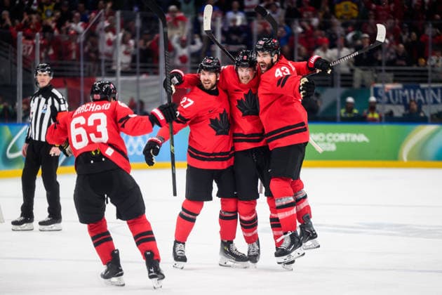 260220 Shea Theodore, Travis Sanheim and Tom Wilson of Canada celebrate the 2-2 goal in the men s Ice hockey, Eishockey semifinal between Canada and Finland during day 14 of the 2026 Winter Olympics on February 20, 2026 in Milan. Photo: Carl Sandin BILDBYRAN kod CS CS0887 ishockey ice hockey Olympic Games, Olympische Spiele, Olympia, OS olympics winter olympics os ol olympiska spel vinter-os olympiske leker milano cortina 2026 milan cortina 2026 milano cortina 2026 olympic games milano cortina 2026 winter olympic games milano cortina-os milano cortina-ol vinter-ol 14 bbeng finland canada kanada jubel *** 260220 Shea Theodore, Travis Sanheim and Tom Wilson of Canada celebrate the 2 2 goal in the men s ice hockey semifinal between Canada and Finland during day 14 of the 2026 Winter Olympics on February 20, 2026 in Milan Photo Carl Sandin BILDBYRAN kod CS CS0887 ishockey ice hockey olympic games olympics winter olympics os ol olympiska spel vinter os olympiske leker milano cortina 2026 milan cortina 2026 milano cortina 2026 olympic games milano cortina 2026 winter olympic games milano cortina os milano cortina ol vinter ol 14 bbeng finland canada kanada jubel  Copyright: CARLxSANDIN BB260220CS037