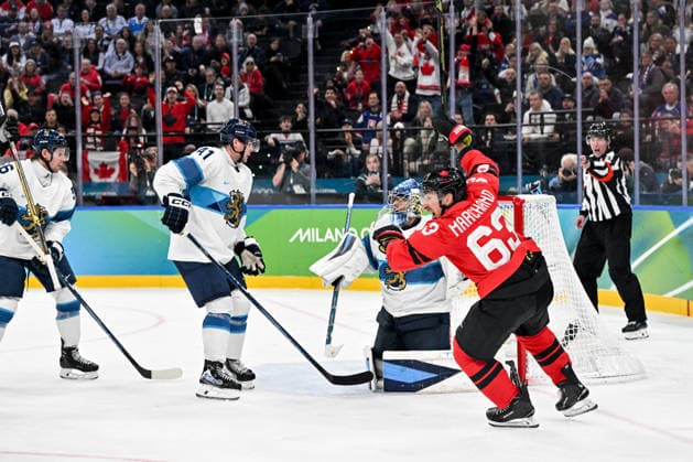MILAN, ITALY - FEBRUARY 20: Brad Marchand of Canada celebrate a goal during the Ice hockey, Eishockey Men™s Play-offs Semifinals match between Canada and Finland on day fourteen of the Milano Cortina 2026 Winter Olympic Games, Olympische Spiele, Olympia, OS at Milano Santagiulia Ice Hockey Arena on February 20, 2026 in Milan, Italy. Milan Milano Santagiulia Ice Hockey Arena Italy *** MILAN, ITALY FEBRUARY 20 Brad Marchand of Canada celebrate a goal during the Ice Hockey Men™s Play offs Semifinals match between Canada and Finland on day fourteen of the Milano Cortina 2026 Winter Olympic games at Milano Santagiulia Ice Hockey Arena on February 20, 2026 in Milan, Italy Milan Milano Santagiulia Ice Hockey Arena Italy Copyright: xJustPictures.ch AndreaxBrancax jp-en-EuSpIm-AB-AAB_484220022026