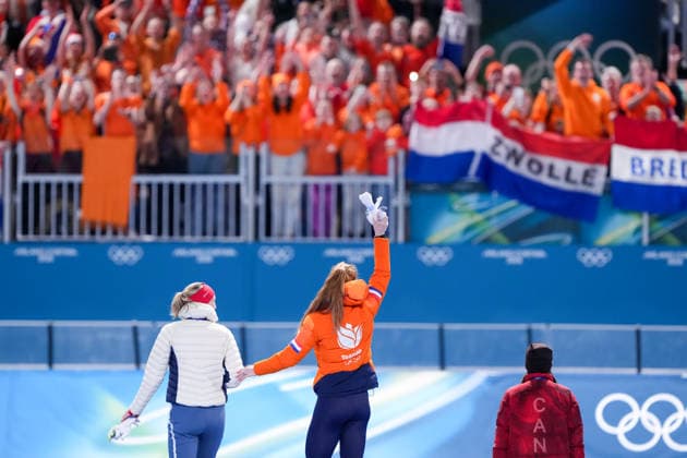 2026-02-20 - Milano Cortina 2026 Winter Olympics 1500m Women MILAN, ITALY - FEBRUARY 20: Ragne Wiklund of Norway, Antoinette Rijpma-De Jong of Netherlands, Valerie Maltais of Canada during the 1500m Women on day 16 of the Milano Cortina 2026 Winter Olympics at the Milano Speed skating, Eisschnelllauf Arena on February 20, 2026 in Milan, Italy Milan Milano Speed Skating Arena Italy Content not available for redistribution in The Netherlands directly or indirectly through any third parties. Copyright: xAndrexWeeningx