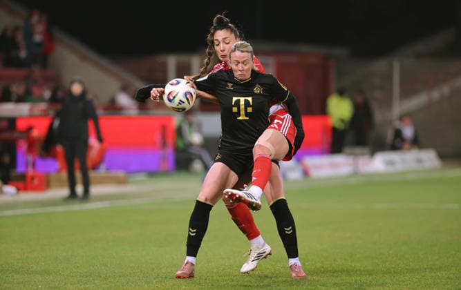 Sandra Maria Jessen, Amber Tysiak duel match scene action sport football soccer Bundesliga women season 2025 2026 20 02 2026 1 FC Union Berlin vs 1 FC Köln DFL regulations prohibit any use of photographs as image sequences and or quasi video