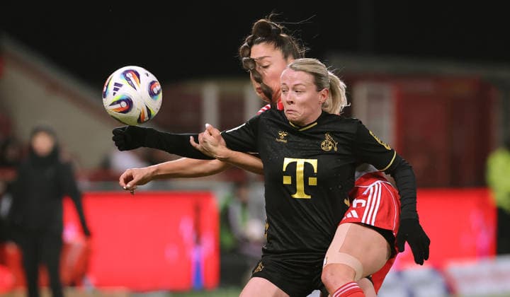Sandra Maria Jessen, Amber Tysiak duel match scene action sport football soccer Bundesliga women season 2025 2026 20 02 2026 1 FC Union Berlin vs 1 FC Köln DFL regulations prohibit any use of photographs as image sequences and or quasi video
