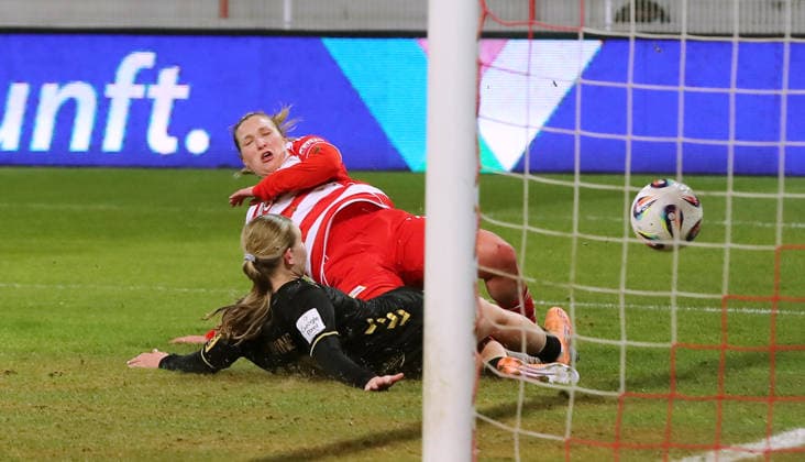 Dina Orschmann scores the goal for 1 0 against Carlotta Imping duel Match scene Action Sport Football Soccer Bundesliga Women Season 2025 2026 20 02 2026 1 FC Union Berlin vs 1 FC Köln DFL regulations prohibit any use of photographs as image sequences and or quasi video