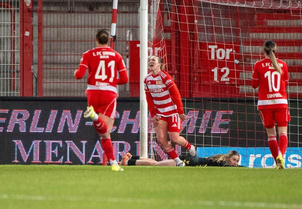Soccer, Women, Season 2025 2026, Google Pixel Women Bundesliga 19 Matchday , 1 FC Union Berlin 1 FC Köln, f l Lia Kamber 1 FC Union , Dina Orschmann 1 FC Union , Eileen Campbell 1 FC Union , Cheering after goal to 1 0, 20 02 2026, Copyright: xMatthiasxKochx