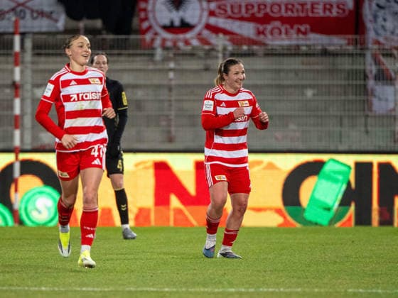Soccer, Women, Season 2025 2026, Google Pixel Women Bundesliga 19 Matchday , 1 FC Union Berlin 1 FC Köln, f l Lia Kamber 1 FC Union , Dina Orschmann 1 FC Union , Cheering after goal to 1 0, 20 02 2026, Copyright: xMatthiasxKochx