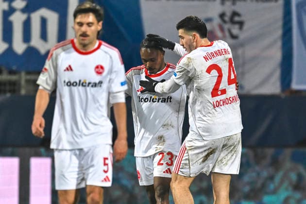 Mohamed Ali Zoma Nuernberg 23 celebrates after scoring the 0 1 goal with Luka Lochoshvili Nuernberg 24 20 02 2026 Football VfL Bochum vs 1 FC Nuernberg, Vonovia Ruhrstadion, Bochum, DFB DFL REGULATIONS PROHIBIT ANY USE OF PHOTOGRAPHS AS IMAGE SEQUENCES AND OR QUASI VIDEO Copyright: xpepphotox xHorstxMauelshagenx pep00321, pep_20260220_hm_284947