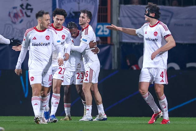 20 02 2026, Football, VfL Bochum 1 FC Nuremberg, 2 Fußball Bundesliga, 23 Matchday, Vonovia Ruhrstadion, Season 2025 2026 Goal celebration after the goal to 1 0 by scorer Mohamed Alë Zoma 1FC Nuremberg 23 together with Adam Markhiev 1FC Nuremberg 06 DFB regulations prohibit any use of photographs as image sequences and or quasi video Nordrhein Westfalen Germany