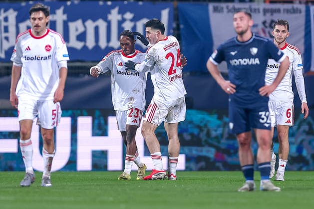 20 02 2026, Football, VfL Bochum 1 FC Nuremberg, 2 Fußball Bundesliga, 23 Matchday, Vonovia Ruhrstadion, Season 2025 2026 Goal celebration after the goal to 1 0 by scorer Mohamed Alë Zoma 1FC Nuremberg 23 together with Luka Lochoshvili 1FC Nuremberg 24 DFB regulations prohibit any use of photographs as image sequences and or quasi video North Rhine-Westphalia Germany