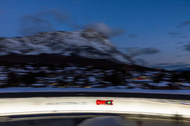 February 20, 2026, Cortina D ampezzo, Lombardy, Italy: One of four forerunner safety bobsleds check the track before the 2-Woman Bobsled at the Cortina Sliding Centre for the Milano Cortina 2026 Winter Olympics. Cortina D ampezzo Italy - ZUMAsc5_ 20260220_oly_sc5_006 Copyright: xErichxSchlegelx