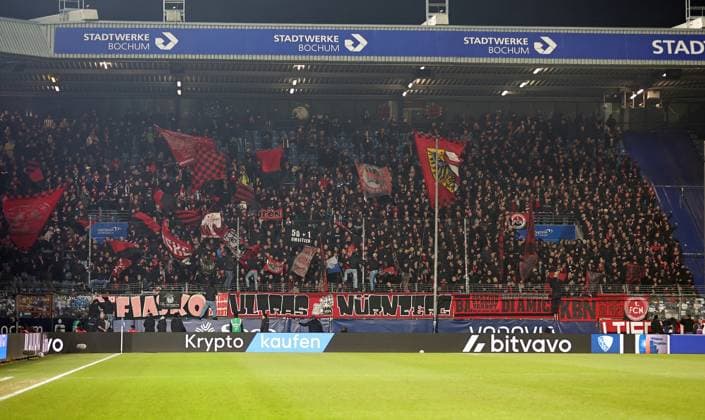 20 02 2026 Soccer Season 2025 2026 2 Soccer Bundesliga 23 Matchday VfL Bochum 1 FC Nürnberg FCN Club Sportfoto Zink DaMa xdaxmax DFL regulations prohibit any use of photographs as image sequences and or quasi video only for editorial use Clubfan Clubfans FCN Fans Fans Fans in the guest block