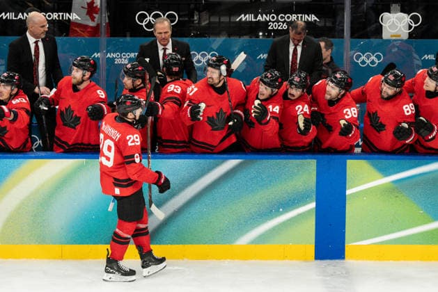Ice hockey, Eishockey - Milano Cortina 2026 Winter Olympics: Day 14 Nathan MacKinnon celebration during Milano Cortina 2026 Winter Olympics Semi-final Men s Hockey Canada vs Finland match at Milano Santagiulia Ice Hockey Arena in Milan on February 20, 2026 Milan Italy  Copyright: xFotoxOlimpikx originalFilename:jastrzebowski-icehocke260220_np2VE.jpg