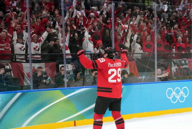 February 20, 2026, Milan, ITALY: Nathan MacKinnon (29) of Team Canada celebrates his goal against Finland during third period Men s Olympic semi final hockey action at the 2026 Milan Cortina Winter Olympics in Milan, Italy on Friday, February 20, 2026. Canada News - February 20, 2026  - ZUMAc35_ 20260220_zaf_c35_087 Copyright: xNathanxDenettex