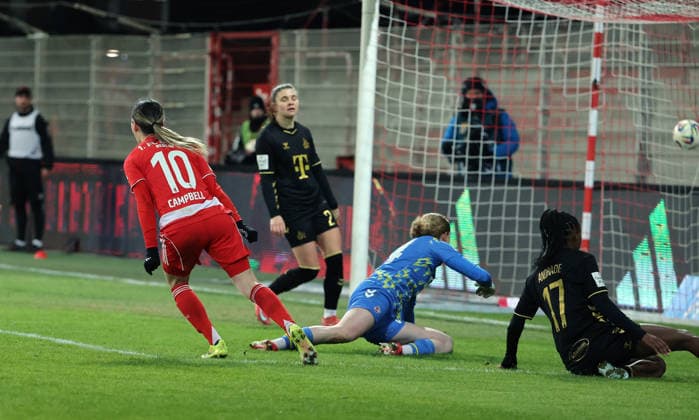 Eileen Campbell scores the goal for 2 1 against goalkeeper Irina Fuchs duel Match scene Action Sport Football Soccer Bundesliga Women Season 2025 2026 20 02 2026 1 FC Union Berlin vs 1 FC Köln DFL regulations prohibit any use of photographs as image sequences and or quasi video