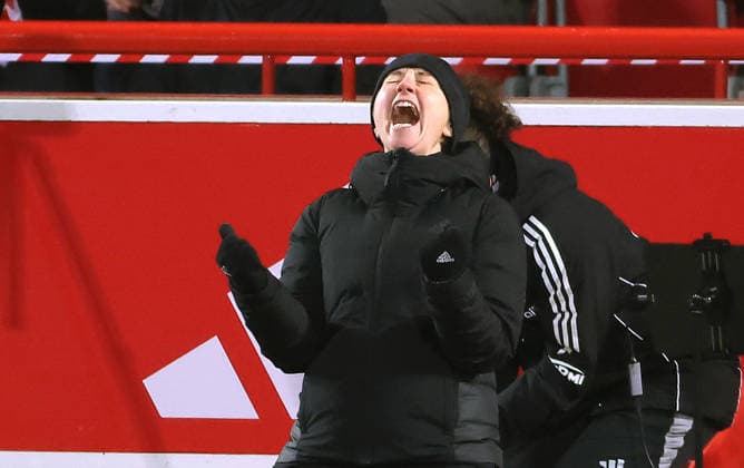 Coach Ailien Poese cheers after the end of the game Victory Joy Emotion Cheering Sport Football Soccer Bundesliga Women Women Season 2025 2026 20 02 2026 1 FC Union Berlin vs 1 FC Köln DFL regulations prohibit any use of photographs as image sequences and or quasi video