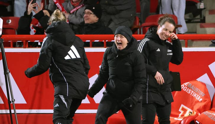 Coach Ailien Poese cheers after the end of the game Victory Joy Emotion Cheering Sport Football Soccer Bundesliga Women Women Season 2025 2026 20 02 2026 1 FC Union Berlin vs 1 FC Köln DFL regulations prohibit any use of photographs as image sequences and or quasi video