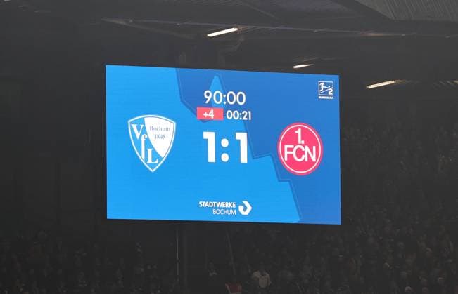 20 02 2026 Soccer Season 2025 2026 2 Soccer Bundesliga 23 Matchday VfL Bochum 1 FC Nürnberg FCN Club Sportfoto Zink DaMa xdaxmax DFL regulations prohibit any use of photographs as image sequences and or quasi video only for editorial use Scoreboard with final score 1 1