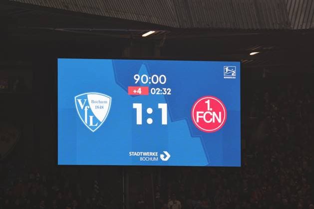 20 02 2026 Soccer Season 2025 2026 2 Soccer Bundesliga 23 Matchday VfL Bochum 1 FC Nürnberg FCN Club Sportfoto Zink DaMa xdaxmax DFL regulations prohibit any use of photographs as image sequences and or quasi video only for editorial use Scoreboard with final score 1 1