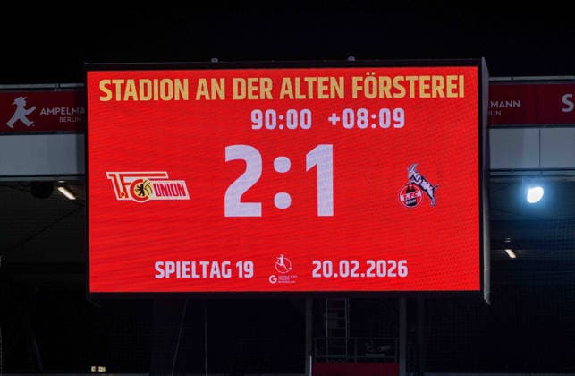 Soccer, Women, Season 2025 2026, Google Pixel Women Bundesliga 19 Matchday , 1 FC Union Berlin 1 FC Köln, Scoreboard with 2 1 final score, 20 02 2026, Copyright: xMatthiasxKochx