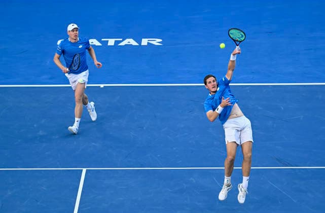 ATP, Tennis Herren Qatar Exxonmobil Open 2026 tennis tournament in Doha - 20 Feb 2026 Harri Heliovaara (L) of Finland and Henry Patten of Great Britain play against Julian Cash and Lloyd Glasspool of Great Britain (not in view) in the Doubles Final match at the ATP men s Qatar ExxonMobil Open 2026 tennis tournament at the Khalifa International Tennis Complex. ?? Harri Heliovaara Henry Patten won against Julian Cash and Lloyd Glasspool 6-3.6-3. Doha Qatar Copyright: xNoushadxVariyattiyakkalx xSOPAxImagesx NVRITYAKAL2-005