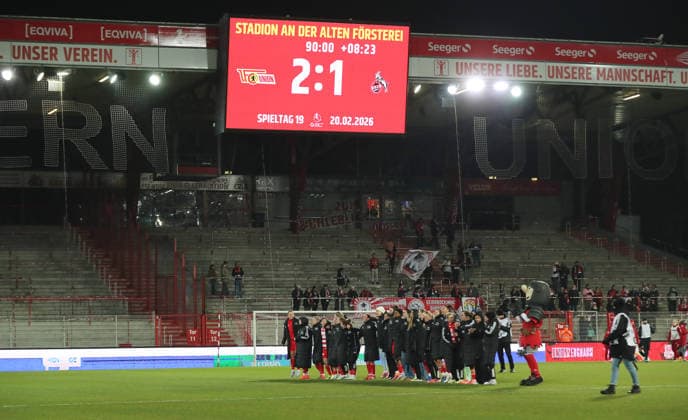 Union womens team cheers after the end of the match in front of the fans Joy Emotion Cheering Sport Football Soccer Bundesliga Women Women Season 2025 2026 20 02 2026 1 FC Union Berlin vs 1 FC Köln DFL regulations prohibit any use of photographs as image sequences and or quasi video