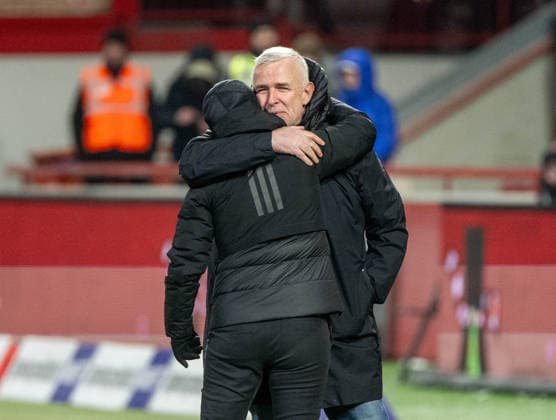 Soccer, Women, Season 2025 2026, Google Pixel Women Bundesliga 19 Matchday , 1 FC Union Berlin 1 FC Köln, f l Coach Ailien Poese 1 FC Union , President Dirk Zingler 1 FC Union , Cheering after final whistle, 20 02 2026, Copyright: xMatthiasxKochx