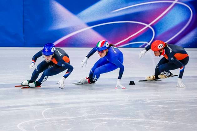 Xandra Velzeboer of the Netherlands and Elisa Confortola of Italy and Suzanne Schulting of the Netherlands Women s 1500m Quarterfinals, Milano Cortina 2026 Winter Olympics: Day 14, Short Track Speed skating, Eisschnelllauf - Milano Cortina 2026 Winter Olympics: Day 14, Milano Speed Skating Stadium, February 20, 2026, Milan, Italy.
