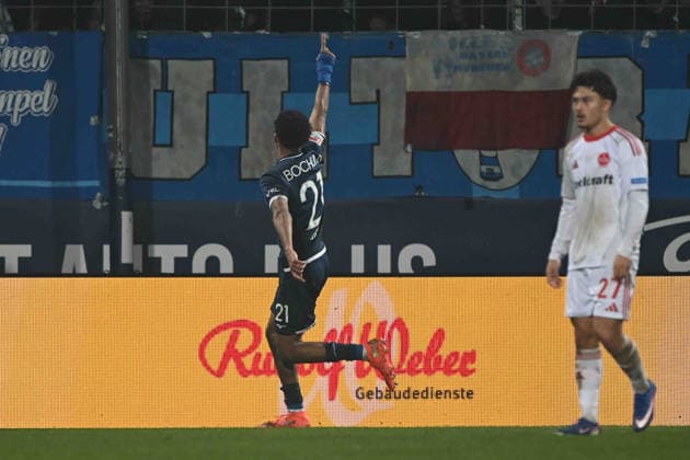 Francis ONYEKA BO cheers after his goal to 1 1, cheers, jubilation, joy, cheers, football 2 Bundesliga, 23 matchday, matchday 23, VfL Bochum BO 1 FC Nuernberg 1 on 20 02 2026, Vonovia Ruhrstadion Bochum Germany DFL regulations prohibit any use of photographs as image sequences and or quasi video ÃÂ