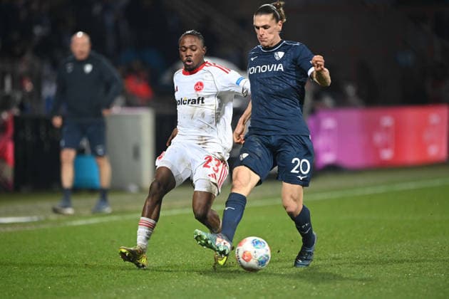 Noah LOOSLI BO vs Mohamed Ali ZOMA N action, duel, Football 2 Bundesliga, matchday 23, matchday 23, VfL Bochum BO 1 FC Nuernberg 1 on 20 02 2026, Vonovia Ruhrstadion Bochum Germany DFL regulations prohibit any use of photographs as image sequences and or quasi video ÃÂ