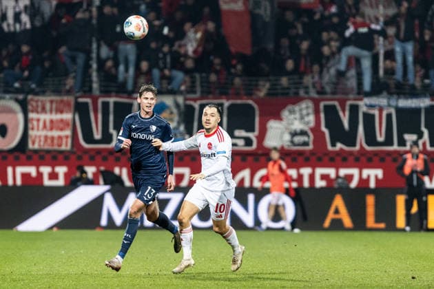 2 Soccer Bundesliga VfL Bochum 1 FC Nürnberg 20 02 2026 Oliver Olsen VfL Bochum, 13 , Julian Justvan 1 FC Nürnberg, 10 2 Soccer Bundesliga VfL Bochum 1 FC Nürnberg Vonovia Ruhrstadion, Bochum 20 02 2026 DFL regulations prohibit any use of photographs as image sequences and or quasi video Copyright: xBEAUTIFULxSPORTS Buriakovx