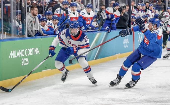 United States Brock Nelson (29) skates past Slovakia s Martin Marincin (52) in the first period of the Men s Hockey Play-off Semifinal game between Slovakia and the USA at the Milano Santagiulia Ice hockey, Eishockey Arena in Milan, Italy, on Friday, February 20, 2026.  OLY20260220307 AARONxJOSEFCZYK