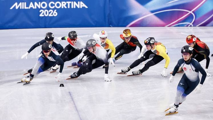 MILAN , 20-02-2026 , Milano Ice Skating Arena , Olympic Winter games, Winterspiele,Spiele, Summer games 2026 - Short Track 20-02 Men 5000m relay Final-B , Picture shows Team Belgium, Japan, People s Republic of China, Hungary Olympic Winter Games 2026 - Short Track 20-02  x201766579x Copyright: