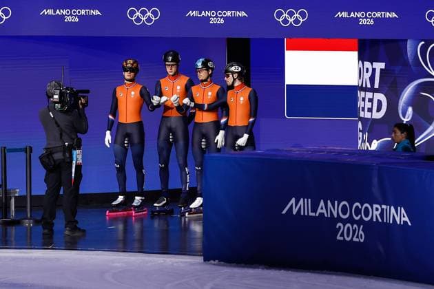 MILAN , 20-02-2026 , Milano Ice Skating Arena , Olympic Winter games, Winterspiele,Spiele, Summer games 2026 - Short Track 20-02 Men 5000m relay Final-B , Picture shows team Netherlands Olympic Winter Games 2026 - Short Track 20-02  x201766753x Copyright: