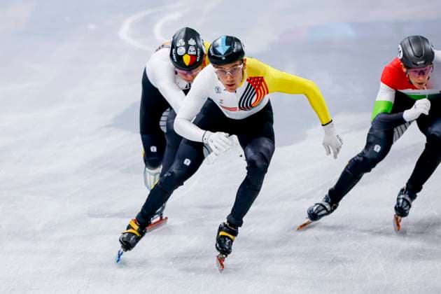 Stijn Desmet of Belgium Men s 5000m Relay Finals, Milano Cortina 2026 Winter Olympics: Day 14, Short Track Speed skating, Eisschnelllauf - Milano Cortina 2026 Winter Olympics: Day 14, Milano Speed Skating Stadium, February 20, 2026, Milan, Italy.
