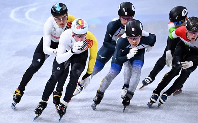 Belgian shorttrack skater Stijn Desmet and Belgian shorttrack skater Adriaan Dewagtere pictured in action during the Final B of the men s 5000m relay Short Track Speed skating, Eisschnelllauf at the Milano Cortina 2026 Olympic Winter games, Winterspiele,Spiele, Summer games on Friday 20 February 2026 in Milan, Italy. The XXV Winter Olympics take place from 6 to 22 February 2026 in Italy. JASPERxJACOBS  x164364493x